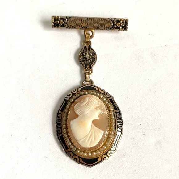 Vintage Cameo Brooch Victorian Style Carved Female Profile Portrait Gold Pin - Picture 10 of 11